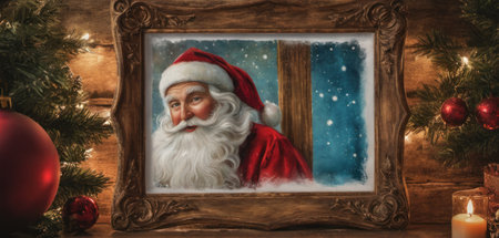 Santa Claus near window with christmas decoration on wooden background. Christmas concept.の素材