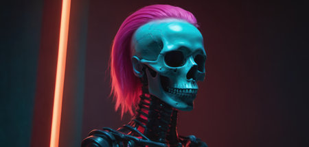 Portrait of a girl with pink hair with a skull in the studioの素材