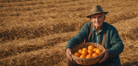 Portrait of senior farmer with basket of tangerines on fieldの素材
