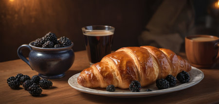 Croissant with blackberries and coffee on a wooden table.の素材