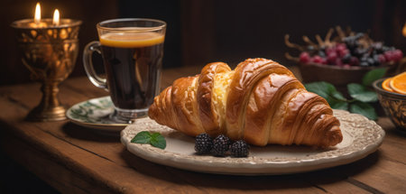 Breakfast with coffee and croissants on wooden table in dark roomの素材