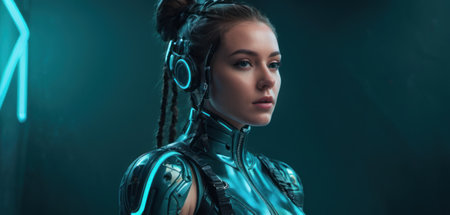 Cyborg woman in futuristic armor looking at camera, 3d renderingの素材