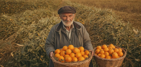 Farmer holding a basket full of tangerines in the fieldの素材