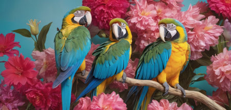 Colorful macaw parrots sitting on a branch with flowers.の素材