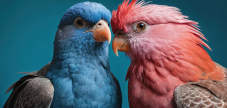 couple of parrots on a blue background, close-upの素材