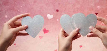 Two female hands holding white paper hearts on pink background with hearts.の素材