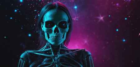 Young woman with glowing skeleton face. Halloween concept. 3D Renderingの素材