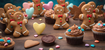 Gingerbread men and cupcakes with hearts on wooden background.の素材