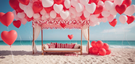 Beach chairs with heart shaped balloons on the sandy beach. Valentine's day conceptの素材