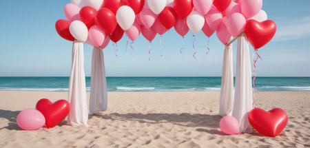 Romantic background with heart-shaped balloons on the sandy beach.の素材