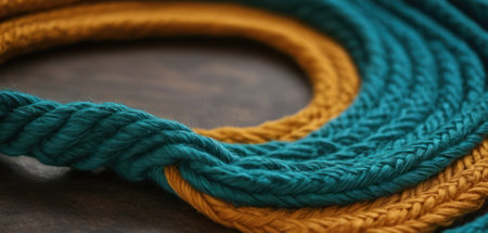 Close up of multi-colored knitted rope on a wooden backgroundの素材