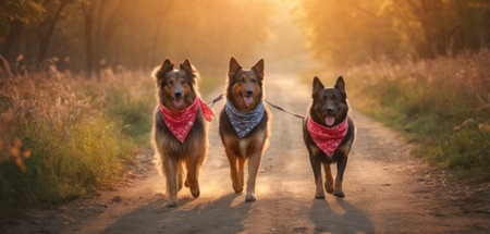 Three dogs in a bandana walking in the autumn forest at sunsetの素材
