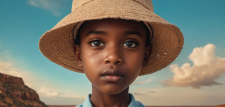 African american kid in straw hat looking at camera against blue skyの素材