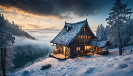 Beautiful winter landscape with a wooden house in the mountains at sunsetの素材