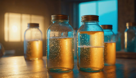 Medicine bottles on the table in the laboratory. Medicine concept.の素材