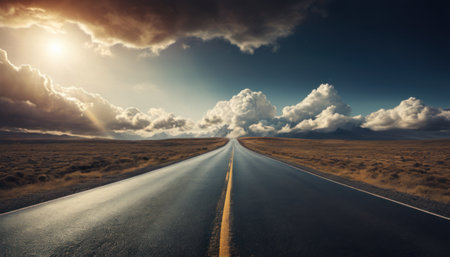 Road in the desert with blue sky and clouds. 3d renderingの素材