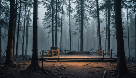 Wooden platform in the pine forest with fog and mist at nightの素材