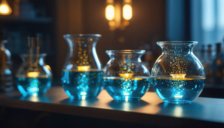 Close up of glass vases with blue light on the shelf.の素材
