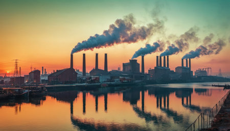Industrial landscape with smoking chimneys of a power plant at sunsetの素材