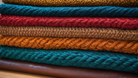 Stack of multicolor knitted sweaters on wooden background.の素材