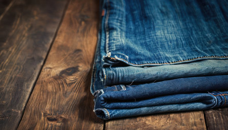 Stack of jeans on wooden background. Jeans on wooden table.の素材