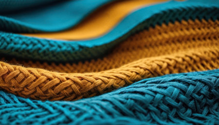 Colorful knitted sweaters as background, close-up.の素材