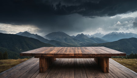 Empty wooden table against scenic view of mountain range under dark stormy skyの素材
