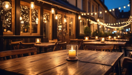 Empty wooden table in an outdoor cafe with Christmas lights on the backgroundの素材