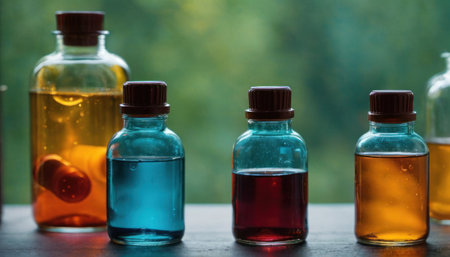 Medicine bottles with multicolored liquids on a wooden table.の素材