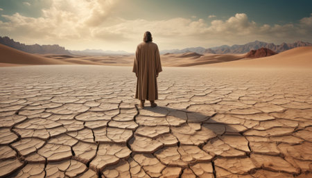 Rear view of a monk standing in the middle of the desert.の素材