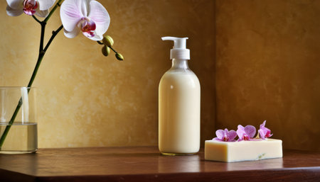cosmetic products with orchids on a wooden table, spaの素材