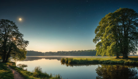 Beautiful summer landscape with starry sky and moon over the lakeの素材