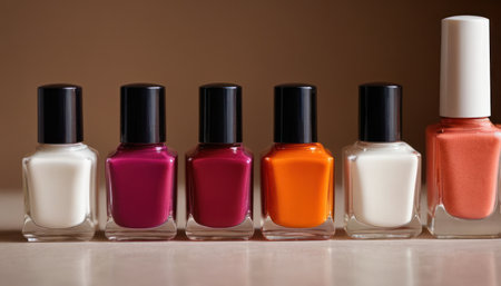 Group of bright nail polishes on a wooden table. Selective focus.の素材