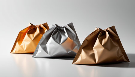 close up of a group of brown and white paper bags on white backgroundの素材