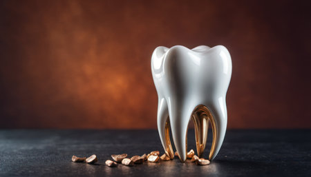 Tooth with gold coins on a dark background. Dentistry concept.の素材