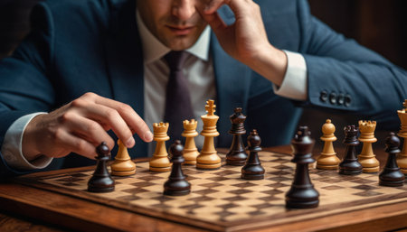 Close-up of a chess player in a suit playing a game of chessの素材