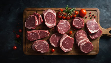Raw pork chops on a cutting board with vegetables and spices on a dark backgroundの素材