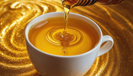 Cup of tea with honey on golden background, close-upの素材