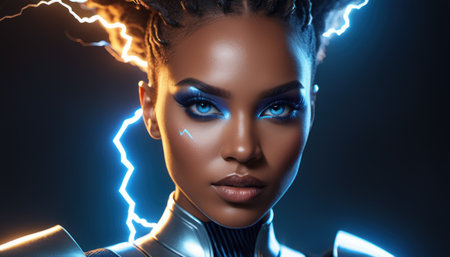 Cyborg woman with lightning in her hair. 3d rendering.の素材