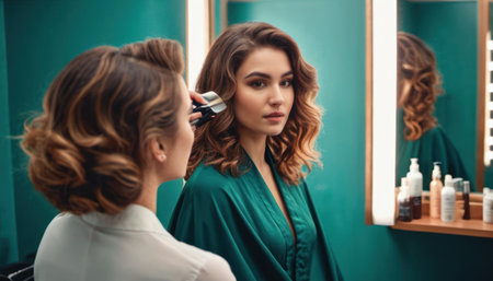 beautiful young woman looking at mirror and applying makeup in beauty salonの素材