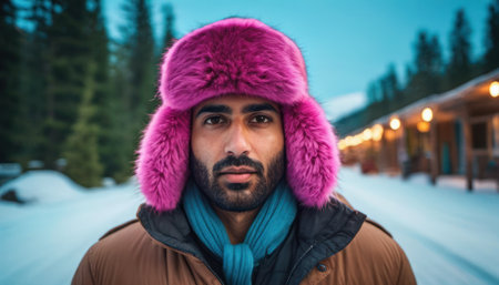 Portrait of a handsome young man in the winter in the mountainsの素材