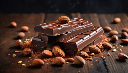 Chocolate with nuts and cocoa powder on a dark wooden background.の素材