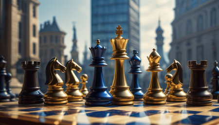 Chess pieces on chessboard in front of city skyline background.の素材