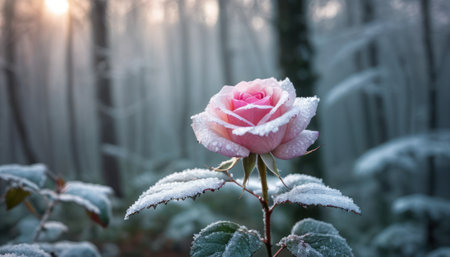 Pink rose covered with hoarfrost in the forest at sunrise.の素材