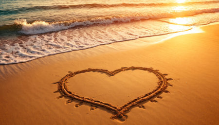 Heart drawn in the sand on the beach at sunset. The concept of loveの素材