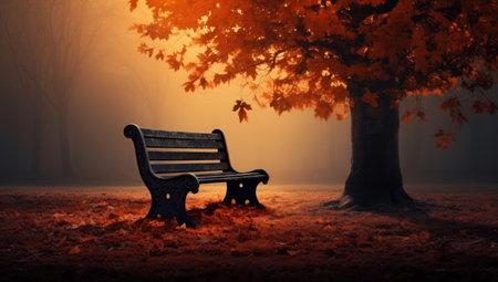 Bench in the autumn misty park. 3D render. Halloween conceptの素材