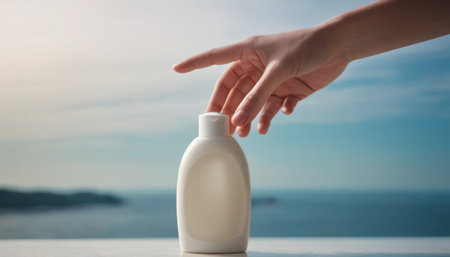 Female hand holding a bottle of sunscreen on the background of the seaの素材