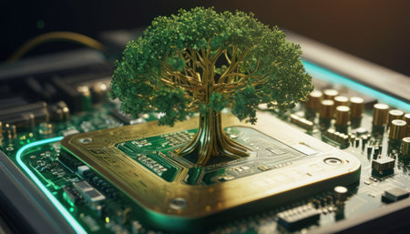 Conceptual image of green tree growing out of the motherboard.の素材