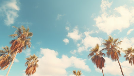 Palm trees on a background of blue sky with white clouds.の素材