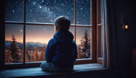 A boy sits on the windowsill and looks at the night sky through the window.の素材